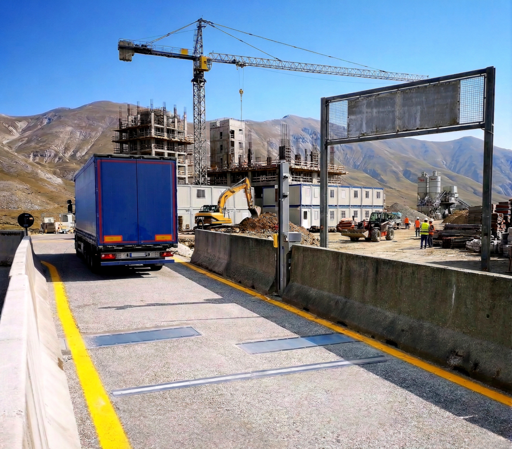 Camion che transita su sistema di pesatura dinamica LS Control Bisonte iWIM installato su strada in area di cantiere