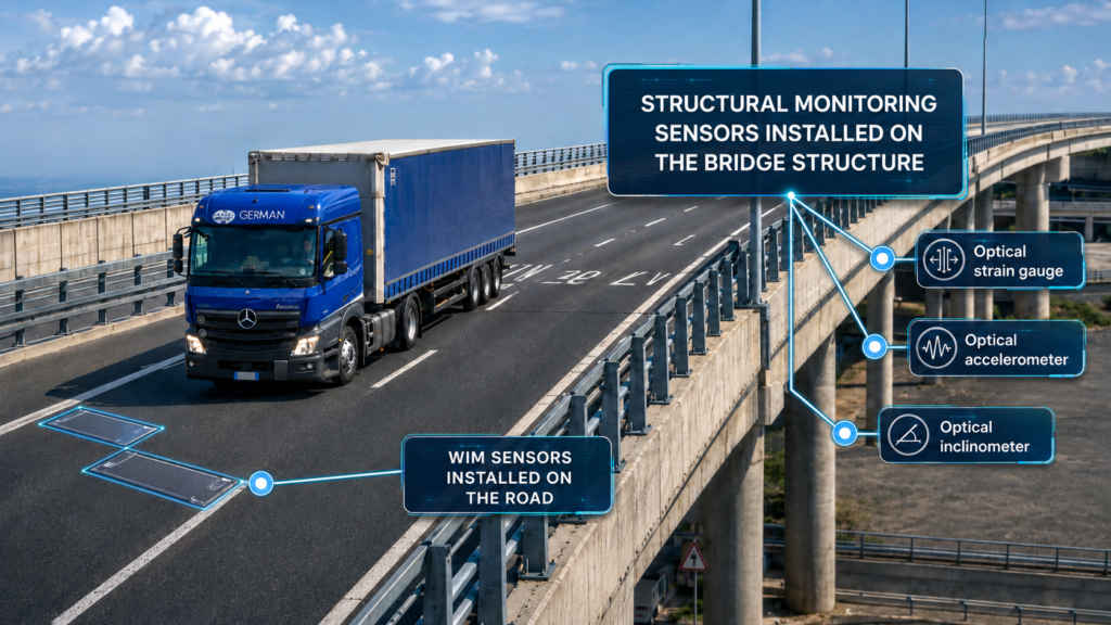 Truck passing over a bridge with WIM sensors on the road and strain gauges, accelerometers and optical inclinometers on the structure.